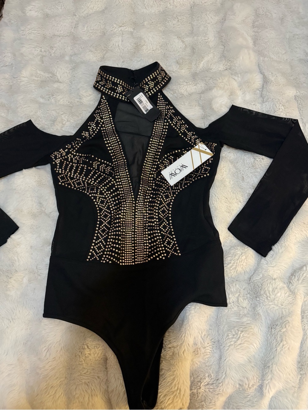 WOW couture Black One-Piece Bodysuit with Gold Stud Embellishments